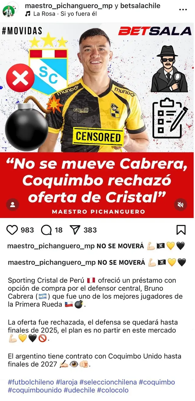 Bruno Cabrera no iría a Sporting Cristal.   