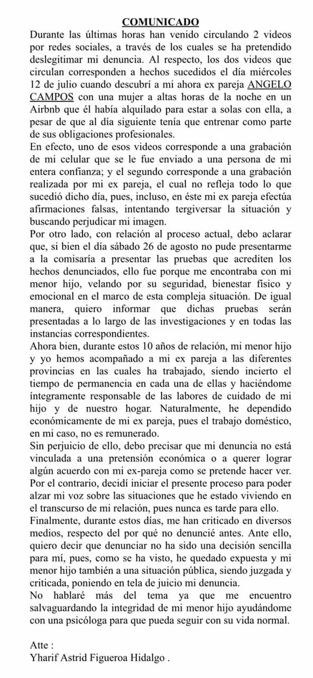 Yharif Figueroa emite comunicado tras denuncia de Ángelo Campos, quien quedó en libertad. | Imagen: Instagram Yharif Figueroa emite comunicado tras denuncia de Ángelo Campos, quien quedó en libertad. | Imagen: Instagram