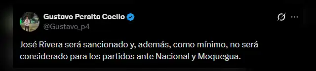 José Rivera se pederá el partido ante Nacional y Moquegua