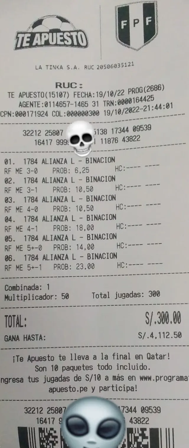 Hincha de Alianza apuesta y si gana podrá ser millonario. | Fuente: Fb leo apuestas