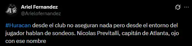 Huracán puso en la lista a Nicolas Previtali