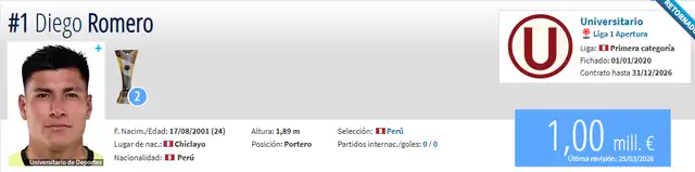 Romero incrementó su valor. Foto: Tranfermarkt.