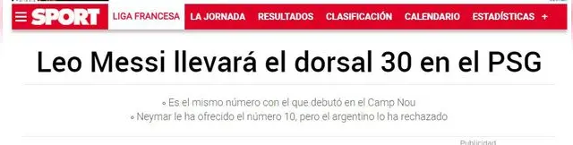 Sport anuncia dorsal de Lionel Messi en el PSG. Foto: Captura Sport.   