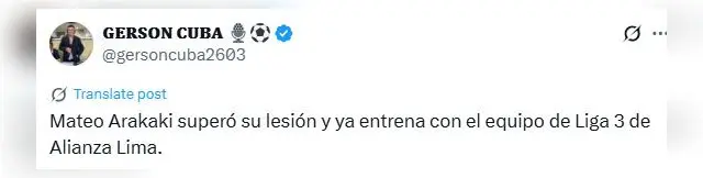Alianza Lima contará con Mateo Arakakii en la Liga 3   