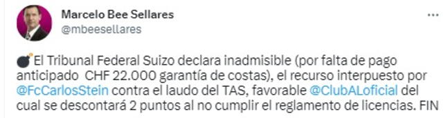 Abogado aseguró que Alianza Lima ganó en el Tribunal Federal Suizo ante Carlos Stein.