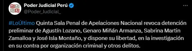 La publicación del PJ sobre Agustín Lozano | Foto: X-Poder Judicial    