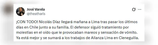 Nicolás Díaz vuelve a Lima para sumarse a Alianza Lima Nicolás Díaz vuelve a Lima para sumarse a Alianza Lima