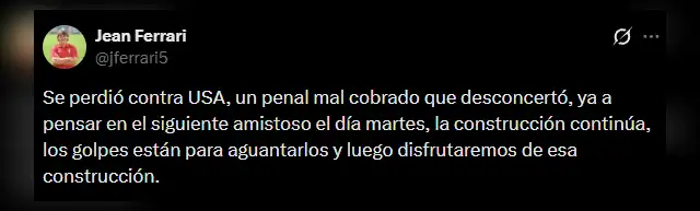 Jean Ferrari se pronunció sobre la derrota de Perú