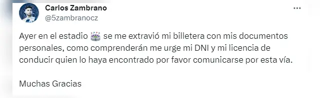 Carlos Zambrano pide ayuda por redes sociales.   