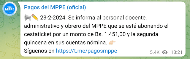 trosell pago quincena mppe