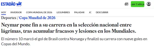 Medio como Estadão se fueron en contra de Neymar tras eliminación de Brasil del Mundial 2026 Medio como Estadão se fueron en contra de Neymar tras eliminación de Brasil del Mundial 2026