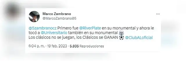 Hermano de Carlos Zambrano tras victoria de Alianza Lima. Hermano de Carlos Zambrano tras victoria de Alianza Lima.