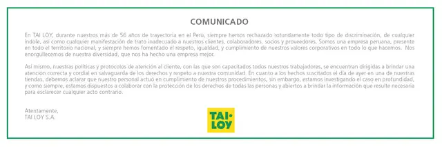 Comunicado de Tai Loy. Fuente: Facebook.   