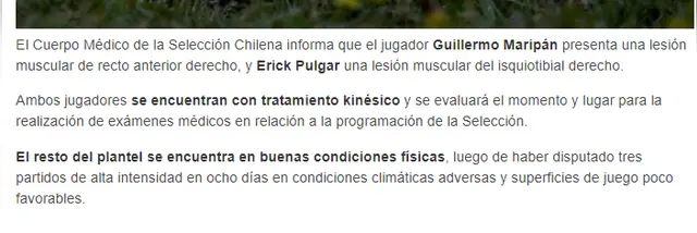 Chile y el comunicado informando lesiones de Pulgar y Marián. Chile y el comunicado informando lesiones de Pulgar y Marián.