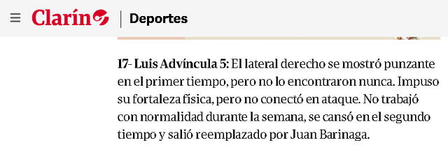 La calificación sobre Luis Advíncula en el Clarín   