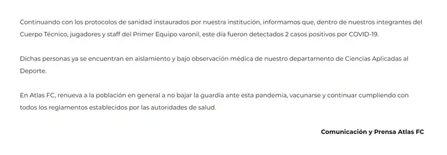 Comunicado de Prensa de Atlas FC.   