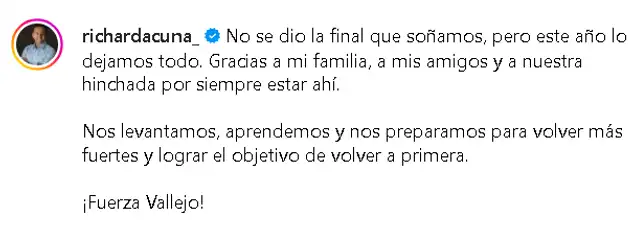 El mensaje de Richard Acuña en su cuenta de Instagram El mensaje de Richard Acuña en su cuenta de Instagram