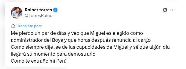 Rainer Torres dio fuerte comentario sobre la renuncia de Miguel Ángel Torres a la administración de Sport Boys.   