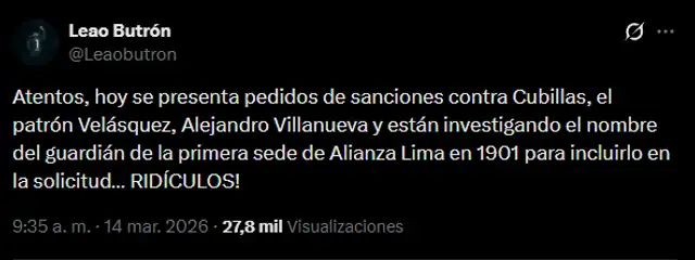 Butrón y su irónico comentario ante inminente reclamo de Universitario. Foto: X