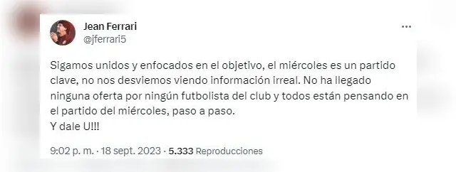 Jean Ferrari sobre los rumores de Piero Quispe a Alianza Lima