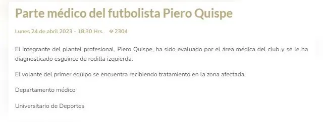 Piero Quispe tiene un esguince en la rodilla izquierda.
