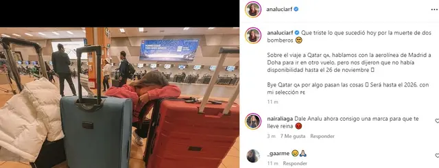  Analucía Rodríguez y su publicación tras perder el vuelo a Qatar 2022.   
