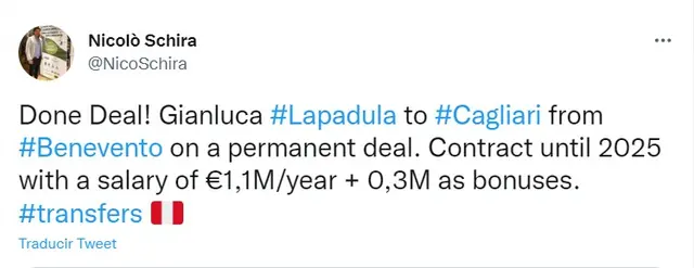 Nicolò Schira confirma el pase de Gianluca Lapadula al Cagliari.   
