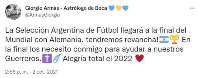Giorgio Armas vaticinando título de Argentina en Qatar 2022.   