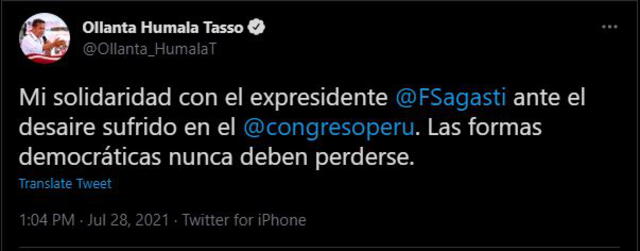 Ollanta Humala envía mensaje a Francisco Sagasti