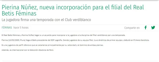 Pierina Núñez oficialmente en el Real Betis Féminas.   