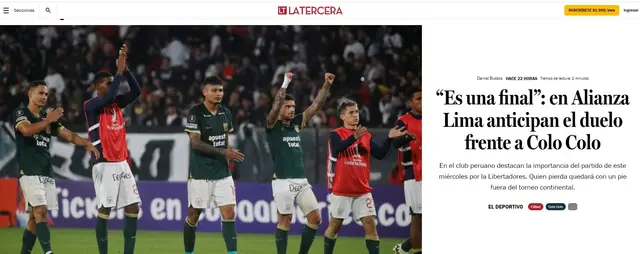 La Tercera de Chile calentó el duelo entre Alianza Lima y Colo Colo en Lima.