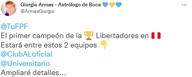  Según el conocido astrólogo Universitario o Alianza Lima se podrían coronar campeones de la Libertadores. Foto: Twitter.   
