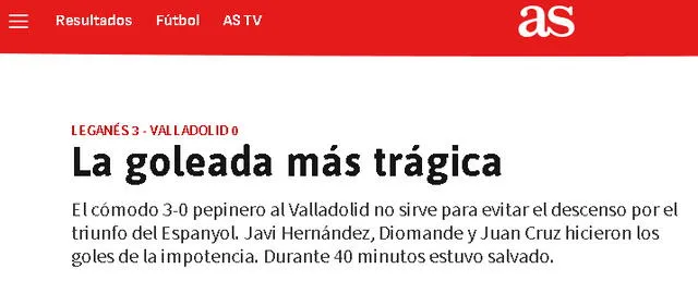 Así reaccionó el medio AS al descenso de Leganés de Renato Tapia   