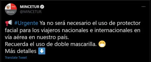 Mincetur informa que viajeros ya no utilizaran protector facial
