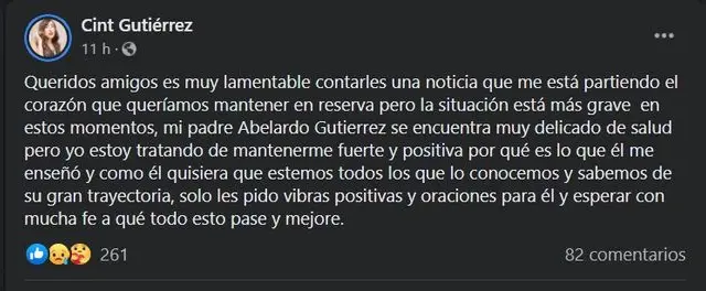 Hija de Tongo pide cadena de oración por la salud del cantante