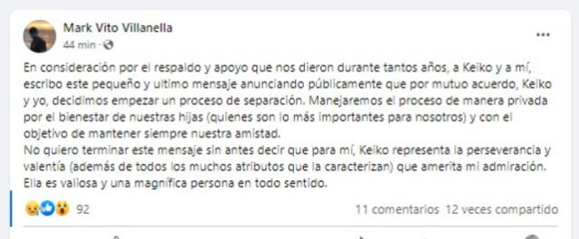 Mark Vito se pronuncia por fin de relación Keiko Fujimori