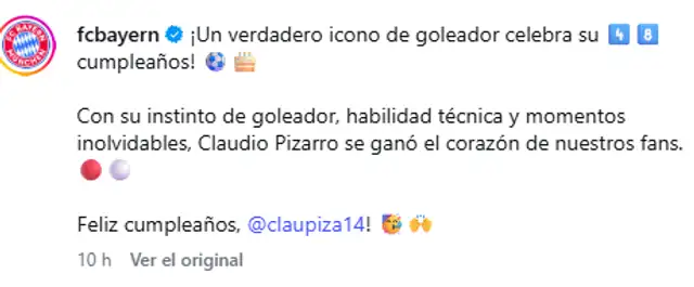 Bayern Múnich saludó a Claudio Pizarro por su cumpleaños Bayern Múnich saludó a Claudio Pizarro por su cumpleaños