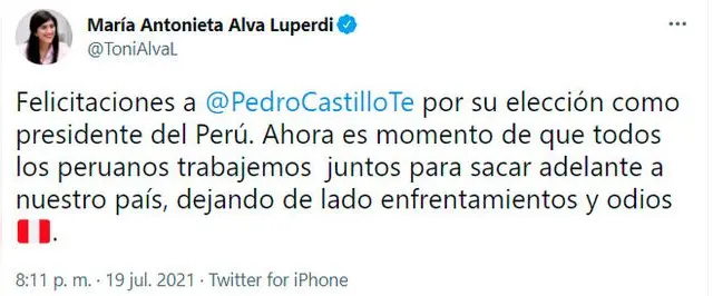  Exministra de Economía y Finanzas felicitó a Pedro Castillo al ser elegido nuevo Presidente del Perú   