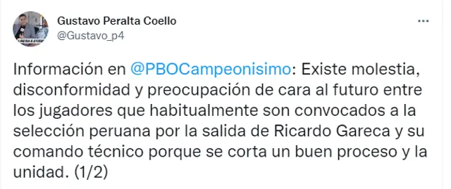 Tweet de Gustavo Peralta sobre la molestia de los jugadores de la Selección Peruana. Tweet de Gustavo Peralta sobre la molestia de los jugadores de la Selección Peruana.
