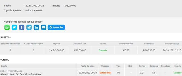Hincha apostó 5 mil soles al triunfo de Alianza Liam. | Fuente: Te apuesto
