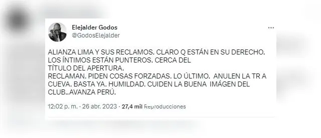 Elejalder Godos arremetió contra Alianza Lima.