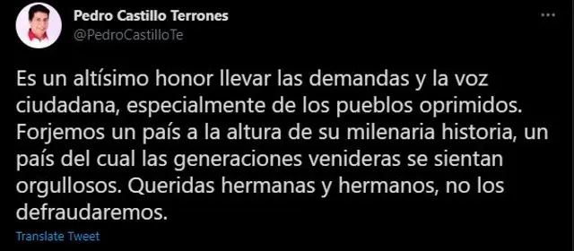 Pedro Castillo envía mensaje a los peruanos por Fiestas Patrias