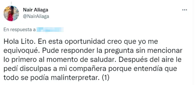 Nair Aliaga pide disculpa a Milena Merino