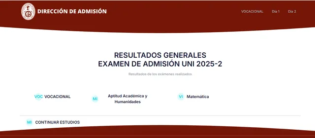 Plataforma de la UNI para acceder a los resultados generales del examen de admisión 2025-2.     Plataforma de la UNI para acceder a los resultados generales del examen de admisión 2025-2.