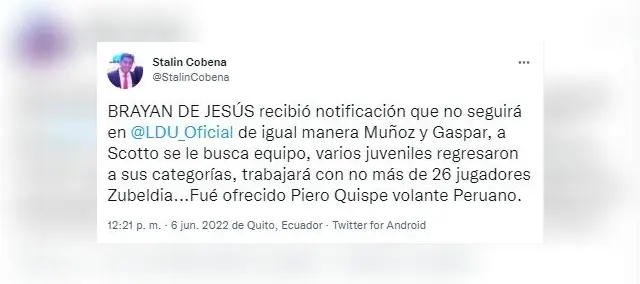 Piero Quispe fue ofrecido a LDU de Quito.