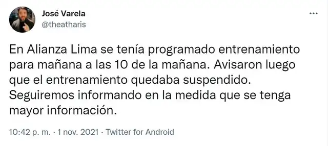 Información del entrenamiento suspendido de Alianza Lima. Información del entrenamiento suspendido de Alianza Lima.