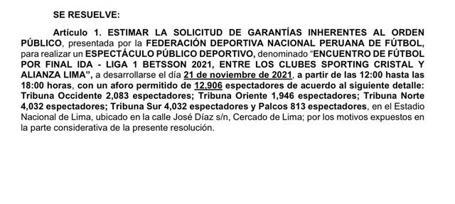 Documento del Mininter para brindar garantías en la final de la Liga 1. Foto:Captura RPP. Documento del Mininter para brindar garantías en la final de la Liga 1. Foto:Captura RPP.