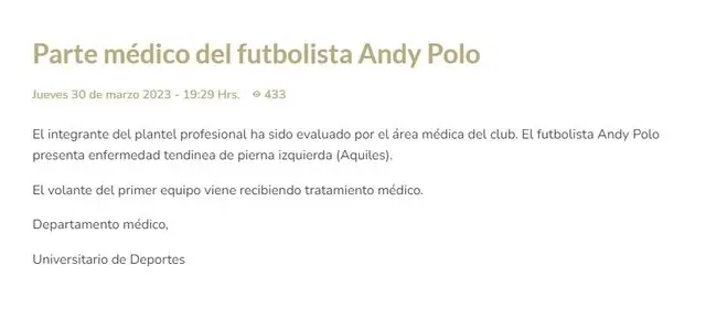 Universitario reveló la lesión de Andy Polo.