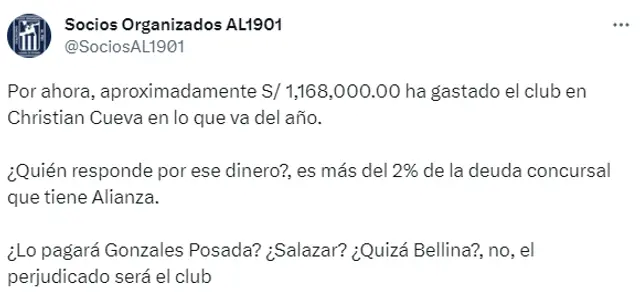 Socios de Alianza Lima sobre Christian Cueva