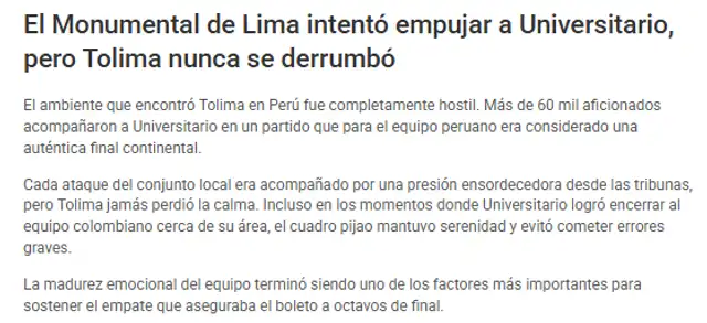 El medio 'La Región Noticia' informó sobre el Estadio Monumental tras el Universitario vs Deportes Tolima